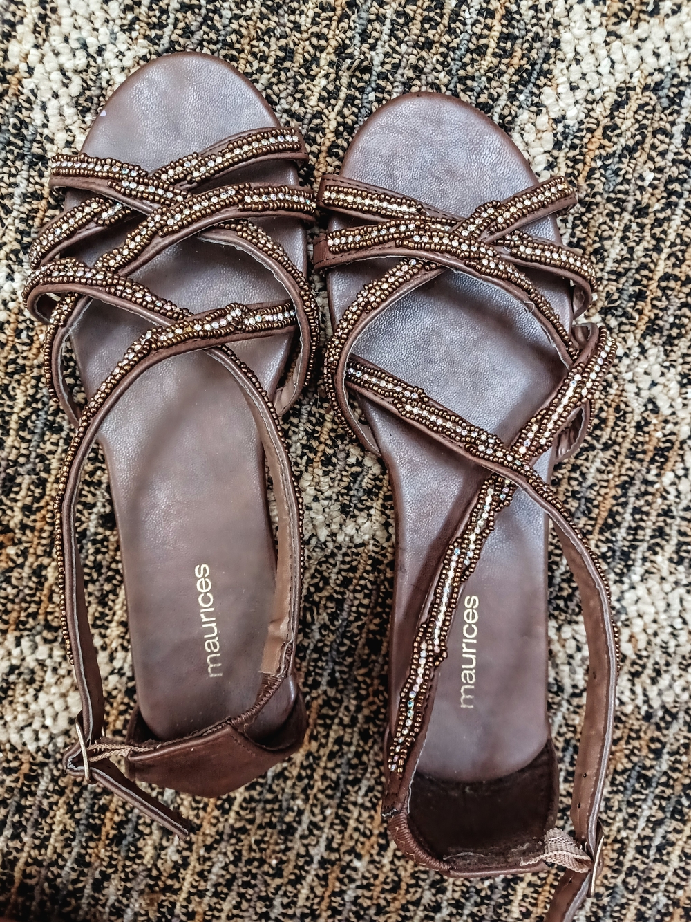 Maurices Brown Beaded Cross-Strap Sandals